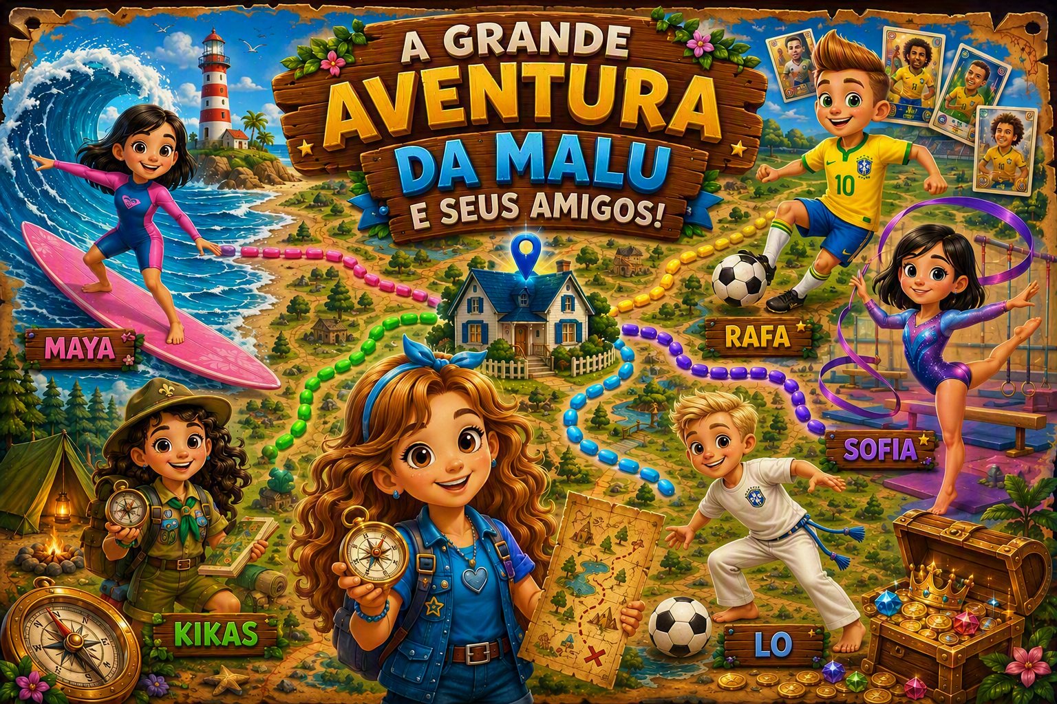 Mapa ilustrado do bairro da Malu, com trilhas coloridas até a casa de cada amigo