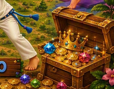 Baú do tesouro aberto, cheio de moedas de ouro e gemas coloridas